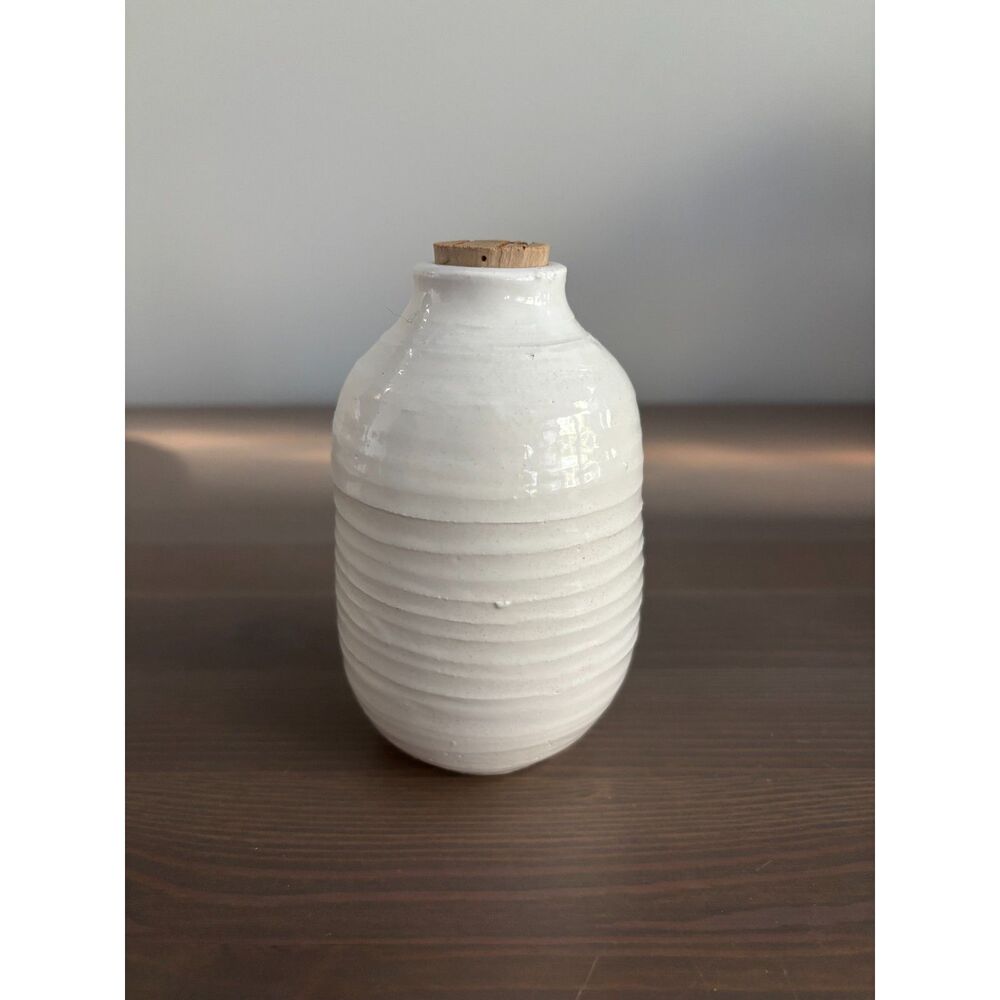 Handmade White Ribbed Ceramic Jar with Cork Stopper Artist Signed